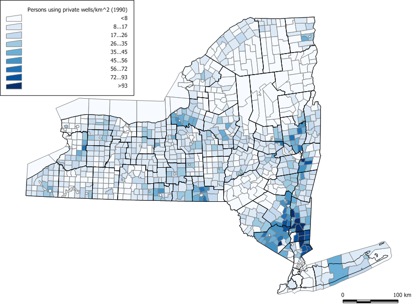 Private well water use map from 1990 US Census