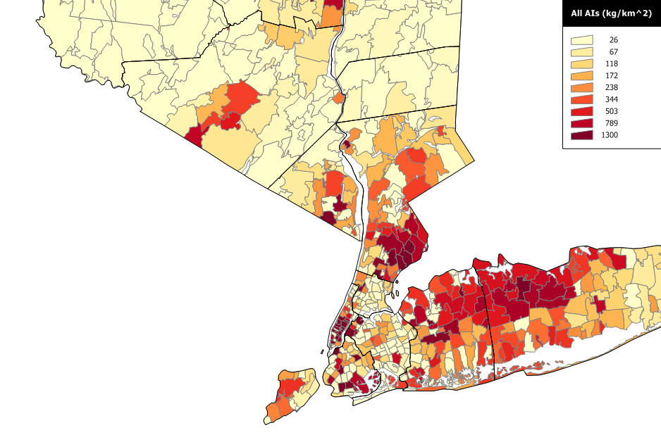 Map of summed pesticide use and sales intensity in New York City metro area