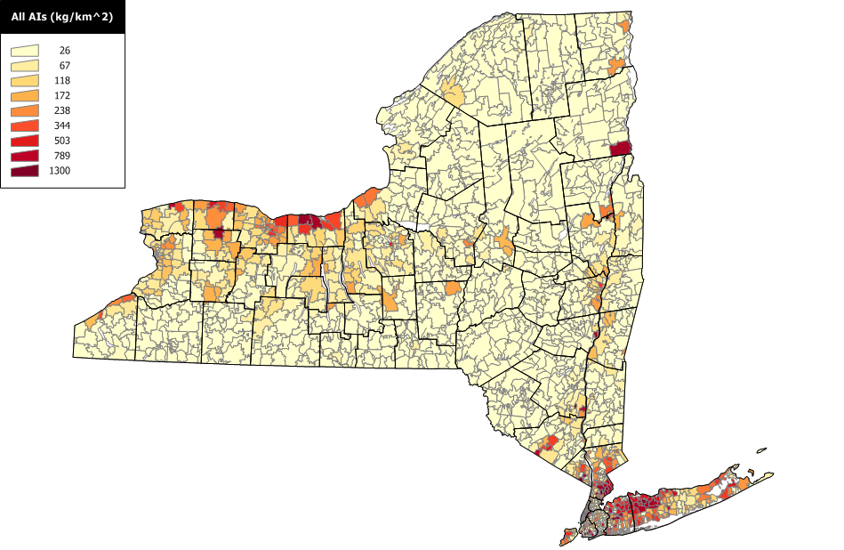 Map of summed active ingredients use and sales intensity