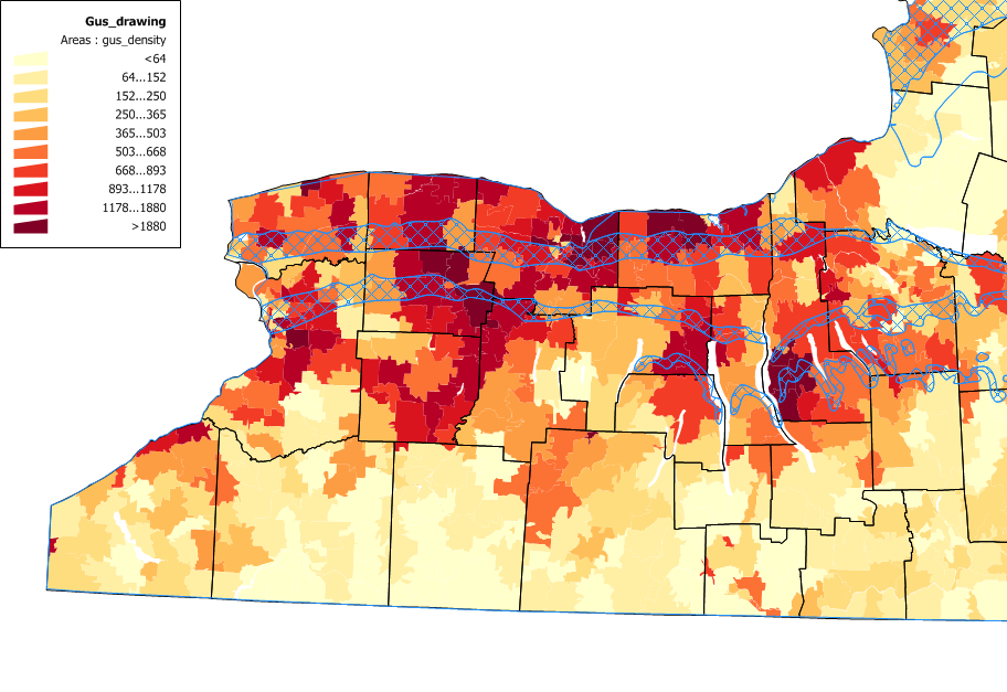 Map of pesticide use and sales intensity weighted by groundwater ubiquity score, western NY zoom with carbonate