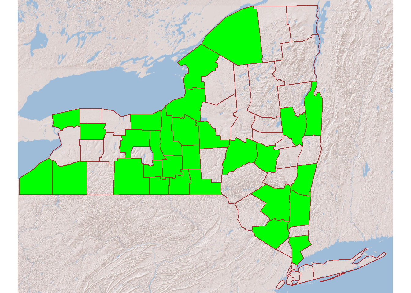 Map of upstate NY counties with shading of the ones containing the lake, categorical groundwater, or long term groundwater sites.